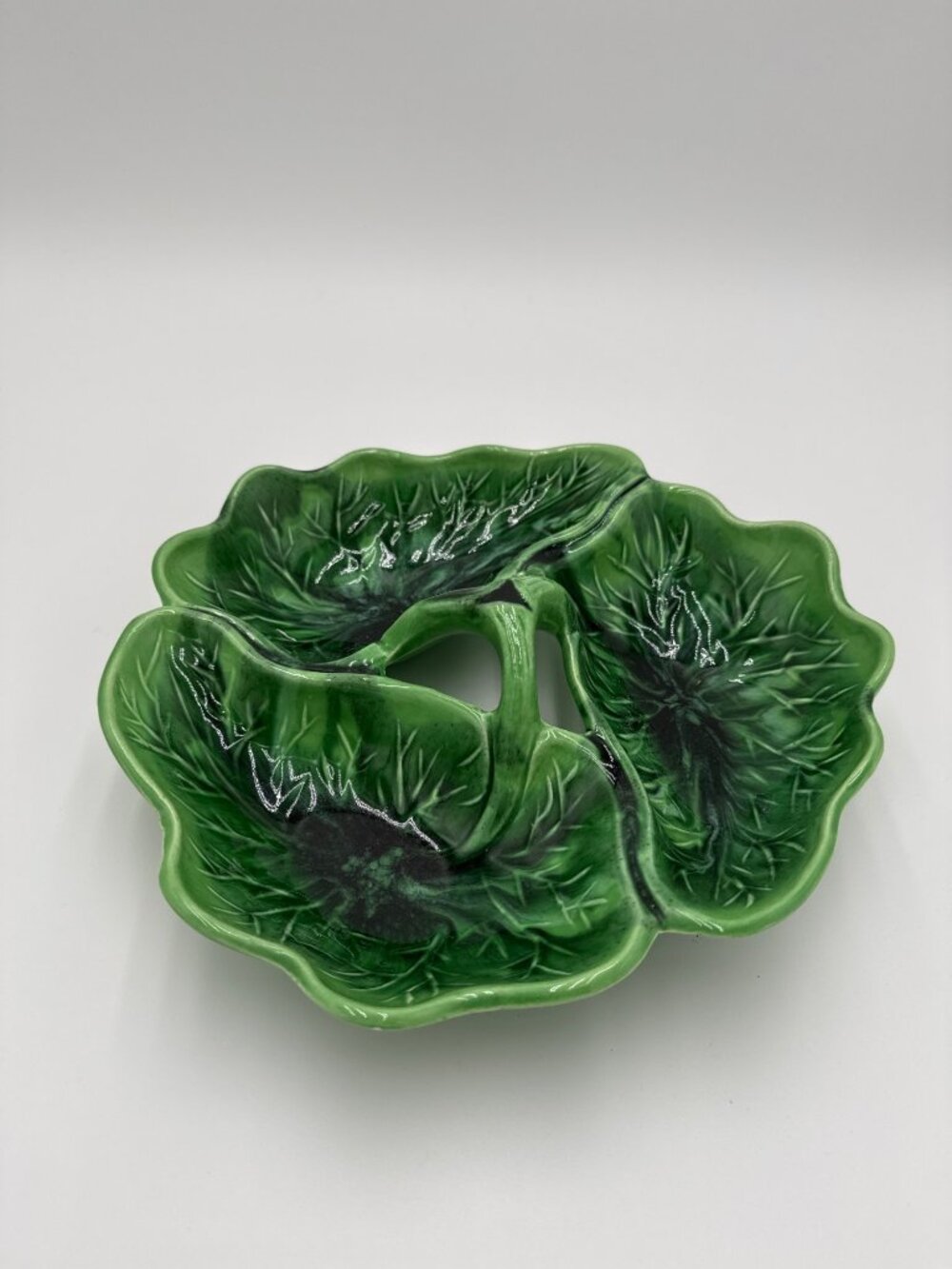 Vintage Green Cabbage Leaf Divided Ceramic Serving Dish11" MCM Tray